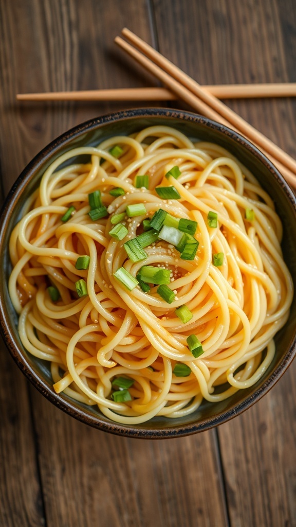 A bowl of homemade noodles garnished with green onions and sesame seeds on a wooden table with chopsticks.